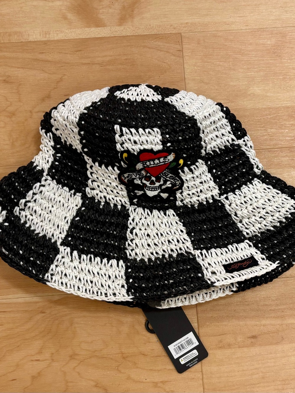 ED HARDY Straw Checkered Bucket Sun Hat w/ Embroidery